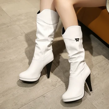 ANNYMOLI Ženske Čevlje Zahodni Čevlji Naguban Super Visoke Pete Mid-Tele Škornje Platformo Blok Pete, Čevlji Dame Pozimi Plus Velikost 3-12