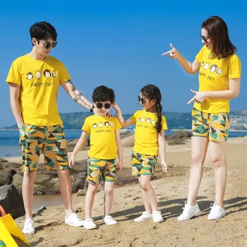 Družina Ujemanje Oblačila 2020 Poletje Oče, Sin, Mama, Hči Bombaž Rumena T-shirt+Prikrivanje Hlače 2 Kos Ujemanje Nekaj Obleke