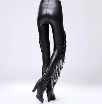 Evropa slog najnovejši tassel slim Faux Usnja PU ženske hlače 2019 jeseni mode visoko pasu črna ženska Svinčnik Hlače gx1090