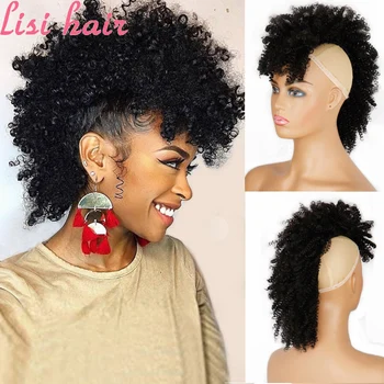LISIHAIR Sintetičnih Visoko Puff Afro Kratek Kinky Kodraste Srednji Del Lasuljo Posnetke v Lase Razširitve Afriško Ameriške Ženske Hairpiece