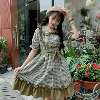 2020 novo poletje lolita obleko ženske Japonski mehko sestra majhne sveže svoboden, svoboden kariran šivanje čipke kratka sleeved lutka obleko