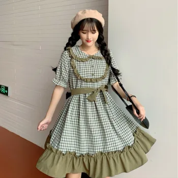 2020 novo poletje lolita obleko ženske Japonski mehko sestra majhne sveže svoboden, svoboden kariran šivanje čipke kratka sleeved lutka obleko