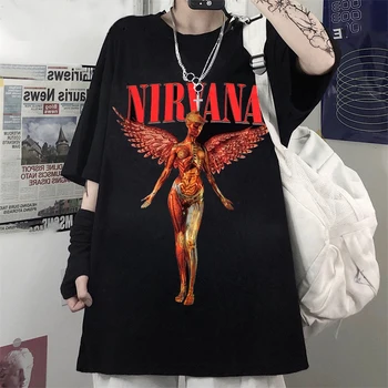 Oblačila za Poletje Harry Styles Harajuku Gothic Tisk Svoboden T shirt Nirvana Kurt Cobain Rock ženske Svoboden pismo Tee Oversize vrhovi
