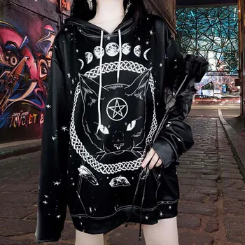 Mačka Luna Pentacle Tiskanja Hoodie Black Prevelik Hooded Zgornji Del Trenirke Ženske Gothic Obleke /
