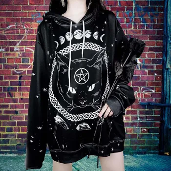 Mačka Luna Pentacle Tiskanja Hoodie Black Prevelik Hooded Zgornji Del Trenirke Ženske Gothic Obleke /