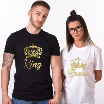 Nekaj Ujemanje Tee Kralj in Kraljica Zlate Krone Tiskanje majice Mehko Top Tee Unisex Priložnostne Poletja