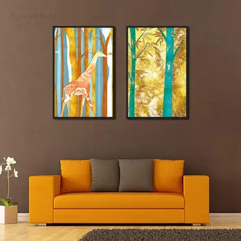 Povzetek Platno Slikarstvo Žirafa in Bambusov Gozd je določeno Z Zlato Rdeče in Zelene Črte Plakate za Sobi Doma Dekor Brez Okvirja