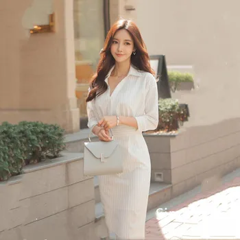 Jeseni leta 2020 Moda za Ženske Obleko Elegantno Belo Črtasto Pol Rokav Slim Urad Dama delovna oblačila korejska Različica
