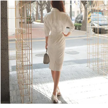 Jeseni leta 2020 Moda za Ženske Obleko Elegantno Belo Črtasto Pol Rokav Slim Urad Dama delovna oblačila korejska Različica