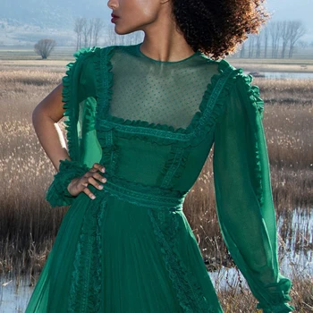 Poletje Visoke Kakovosti vzletno-pristajalne Steze Oblikovalec Obleko Ženske 2020 Vintage O-vratu Dolg Rokav Zelena Ruffles Naguban Dolgo Obleko
