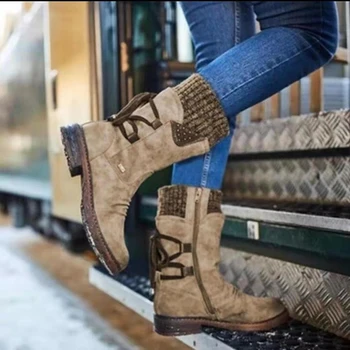 Najboljše Kakovosti Darilo Za Ženske Škornji Zimski Autumn Dekleta Ravno Pete Boot Mode Pletenje Mozaik Čevlji
