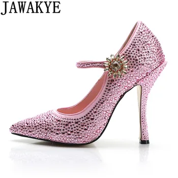 Bling bing kristalno dekor poročno obleko, čevlje ženske v visokih petah roza satenasto konicami prstov nosorogovo črpalke chaussures femme 2019