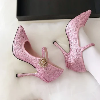 Bling bing kristalno dekor poročno obleko, čevlje ženske v visokih petah roza satenasto konicami prstov nosorogovo črpalke chaussures femme 2019