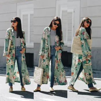 Ženske Svoboden Retro Svile Priložnostne Kimono Cvet Dolgo Cardigan Vrhovi Boho Jesensko Zimski Plašč Suknjič Bluze Z Dolgimi Rokavi Plašč