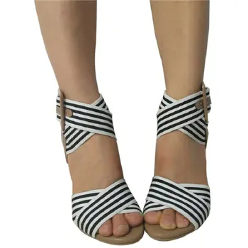 Sianie Tianie povoj trak črtasto vzorec peep toe ženska, čevlji velike sponke seksi gladiatorji sandali blok, visoke pete sandala