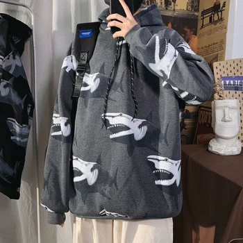 Moški pulover s kapuco WinterMen Pomlad tiskanja Živali, morskega psa, zgornji del trenirke Moški Hip Hop Harajuku Japonski Ulične Priložnostne Hoodie hoodies homem