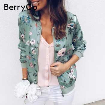 BerryGo Priložnostne osebno cvjetnim tiskanja plašč Zadrgo Proti-Vrat dolgimi rokavi ženske jakna Moda ulica slog slim jeseni jakna