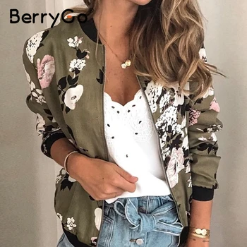 BerryGo Priložnostne osebno cvjetnim tiskanja plašč Zadrgo Proti-Vrat dolgimi rokavi ženske jakna Moda ulica slog slim jeseni jakna