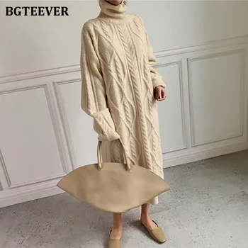 BGTEEVER Letnik Turtleneck Twisted Pulover Obleko za Ženske do leta 2020 Jeseni, Pozimi Debel Toplo Svoboden Naravnost Pletene Vestidos Femme