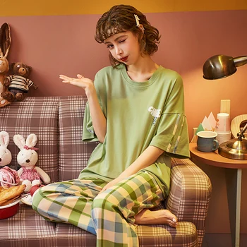 MELIFLE Poletje Moda Zeleno Svileno Pižamo Kompleti za Ženske, Bombaž PJS Satenasto Mehka Sleepwear Atoff Doma Kawaii Salon More