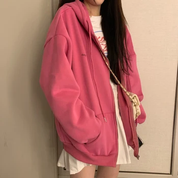Zip-up Žensk v korejskem Slogu hoodies Letnik Barva Dolg Rokav Prevelik Hooded Majica Lady Ženske Priložnostne Velike Coats