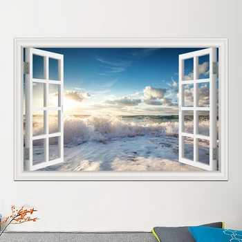 Modro nebo in beli oblak Krajine Nalepke Nalepke Vinyl PVC Ozadje Modro Morje Okna 3D Pogled Stenske Nalepke doma dekor стикеры
