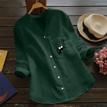 NOV PRIHOD Bluze za Ženske Bombaž perilo Priložnostne Cat Natisnjeni Long Sleeve Majica Bluzo Gumb Navzdol Vrhovi Brezplačna Dostava blusa f3#