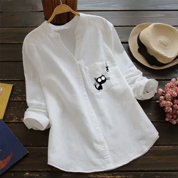 NOV PRIHOD Bluze za Ženske Bombaž perilo Priložnostne Cat Natisnjeni Long Sleeve Majica Bluzo Gumb Navzdol Vrhovi Brezplačna Dostava blusa f3#