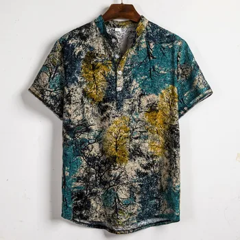 Mens Etnične Kratek Rokav Priložnostne Bombaž Perilo Hawaiian Tiskanja Majica Bluzo ropa hombre elegante guayabera camisa hombre
