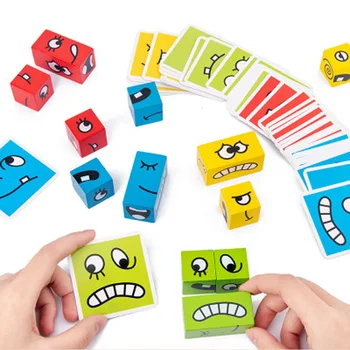 Lesene Puzzle Soočajo s Spremembami Kocka Izraz Puzzle gradniki Stranka Igra Igrače za Otroke, Otroci