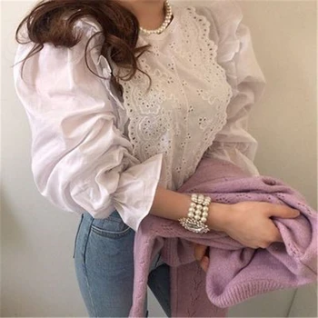 Korejski Retro O-vratu, Ohlapno Belo Srajco Dame Čipke Votlih Ruffle Mozaik Bluze Puff Rokav Ženska Elegantna Oblačila