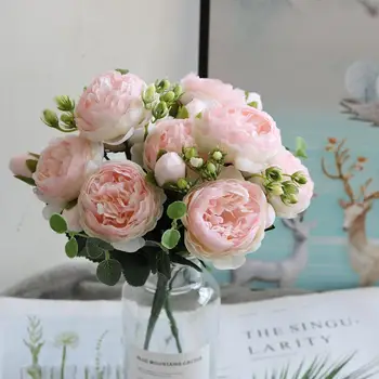 30 cm Rose Pink Svile Peony Umetno Cvetje Šopek 5 Veliko Glavo in 4 Bud Poceni Ponaredek Cvetja za Dom Poročno Dekoracijo notranjih