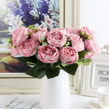 30 cm Rose Pink Svile Peony Umetno Cvetje Šopek 5 Veliko Glavo in 4 Bud Poceni Ponaredek Cvetja za Dom Poročno Dekoracijo notranjih