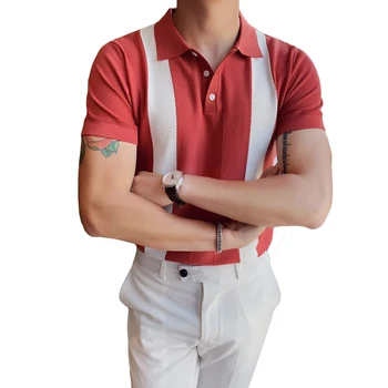 2020 Poletje moška Kratka sleeved Pletene Priložnostne Majice POLO Kontrast Barve Britanski Slim River Ledu Svile Majica POLO Moški Oblačila