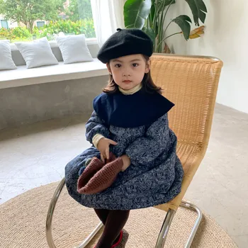 Korejski slog 2020 dekleta obleke, prešite jeseni, pozimi Modre in bele porcelanaste otrok baby dekle retro princesa obleko