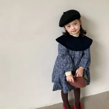 Korejski slog 2020 dekleta obleke, prešite jeseni, pozimi Modre in bele porcelanaste otrok baby dekle retro princesa obleko