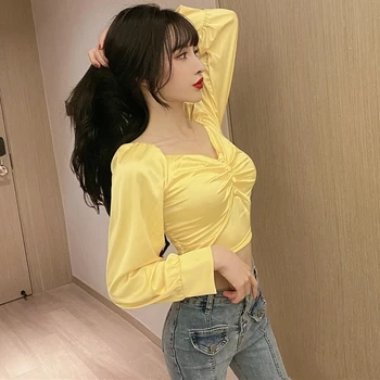 Ženske Off Ramenski Crop Tops 2020 Moda Dolg Rokav Beli Priložnostne Šifon Bluze Korejski Oblačila V Vratu Kratek Slim Seksi Majice