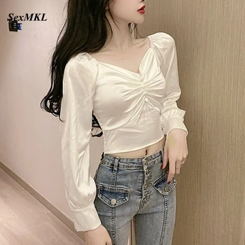 Ženske Off Ramenski Crop Tops 2020 Moda Dolg Rokav Beli Priložnostne Šifon Bluze Korejski Oblačila V Vratu Kratek Slim Seksi Majice