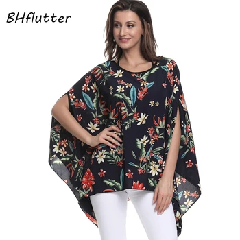 BHflutter Blusas Mujer 2018 Ženske Vrhovi Cvjetnim Tiskanje Priložnostne Svoboden Šifon Bluzo Majica Batwing Boho Slog Plaži, Poletne Bluze