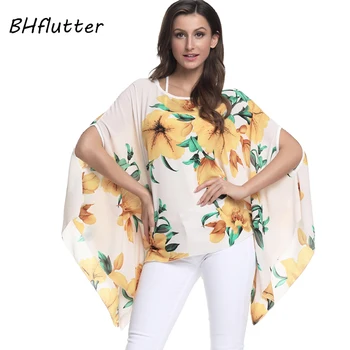 BHflutter Blusas Mujer 2018 Ženske Vrhovi Cvjetnim Tiskanje Priložnostne Svoboden Šifon Bluzo Majica Batwing Boho Slog Plaži, Poletne Bluze