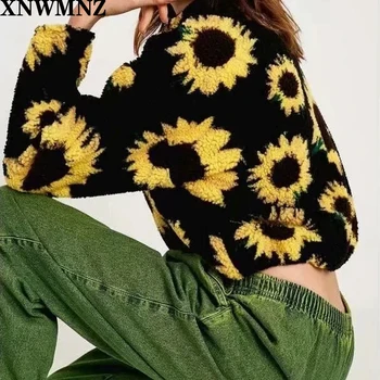 Za Jesen zimo korejski nova ženska moda in Ženske Tiskanja Sončnično Jagnje Volne Sweatershirt Ženski Modni Pulover z Dolgimi Rokavi Pulover