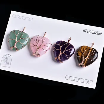 1PC Naravnih Mineralnih Kristalov Ornament Srce Oblika Tree of Life Obesek Nekaj Obesek, Ogrlico, Obesek, DIY Darilo Nakit