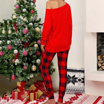 Božič Pižamo Kostum Housewear Pisma Natisnjena Long Sleeve Majica Kariran Pižame Ženske Sleepwear Spanja Vrhovi Dva-Delni Set