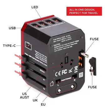 Rdxone Potovalni Adapter Mednarodni Univerzalni Napajalnik Vse-v-enem s 5 po vsem Svetu USB Polnilnik za UK/EU/ZDA/Azija