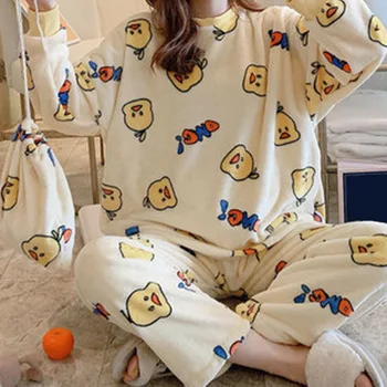 2020 Zimske Ženske Risanka Pižame z Dolgimi Rokavi Flanela 2pcs Pižame Nastavite Debele Koralni Žamet Sleepwear Doma Obleko Za Ženske Pijama