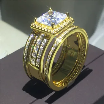 Vecalon Princesa cut 3-v-1 prstan iz Rumenega Zlata, ki je Napolnjena 925 Srebro 5A Cirkon Cz Angažiranost, poročni Bend, obroči za ženske, Moške, Darilo