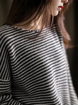črno in belo črtasto pulover ženske, svoboden o-vratu dolg rokav dno majica merino volne puloverju