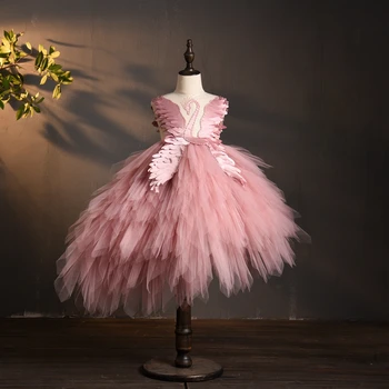 Elegantno Swan Kristalno Til Cvet Dekle Obleko za Poroko Otroci Pageant Večerno obleko Rojstni Pero Čipke Princesa Obleke
