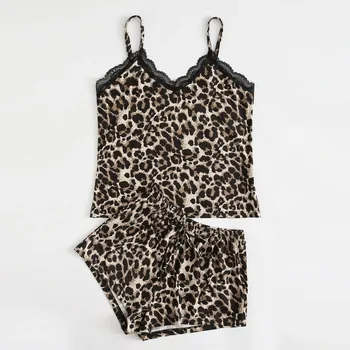 Novo Leopard tiskanja jumpsuit Leopard tiskanja pižamo nastavite leopard Tiskanja Perilo Svileno spodnje Perilo Sleepwear Nightdress Pižamo Saten