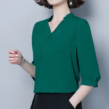 Plus velikost barva šifon rokavi ženske beaded preprost stil temperament Proti-vrat tujih rokav Bluze za ženske pomlad poletje